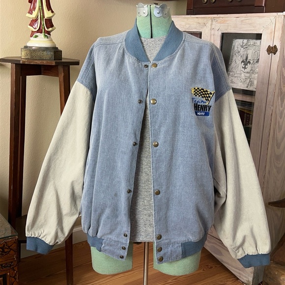 Vintage 90s Denim Bomber Racing Varsity Jacket Beige Sleeves Snap Buttons Retro - Picture 13 of 13